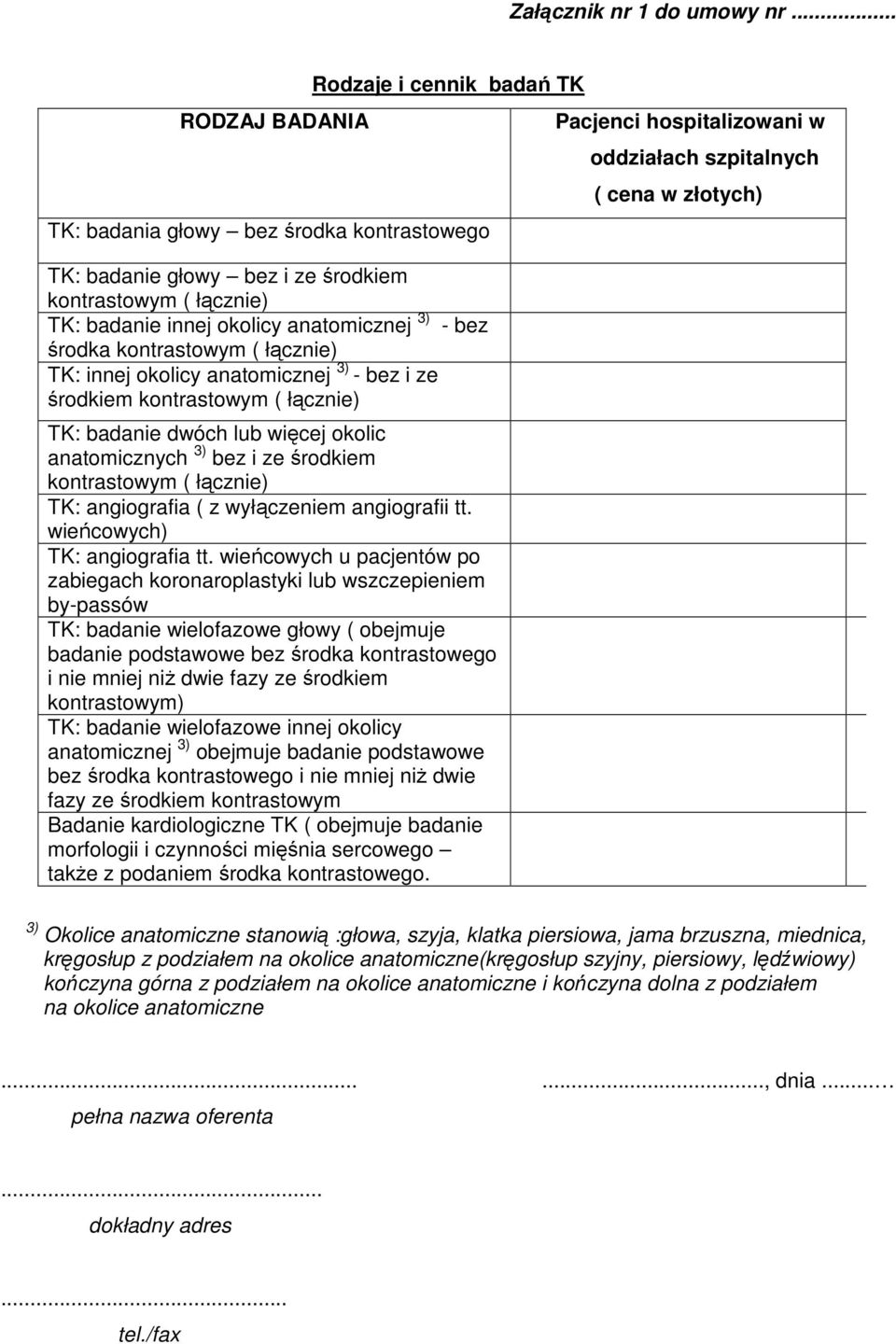 środka kontrastowym ( łącznie) TK: innej okolicy anatomicznej 3) - bez i ze środkiem kontrastowym ( łącznie) TK: badanie dwóch lub więcej okolic anatomicznych 3) bez i ze środkiem kontrastowym (