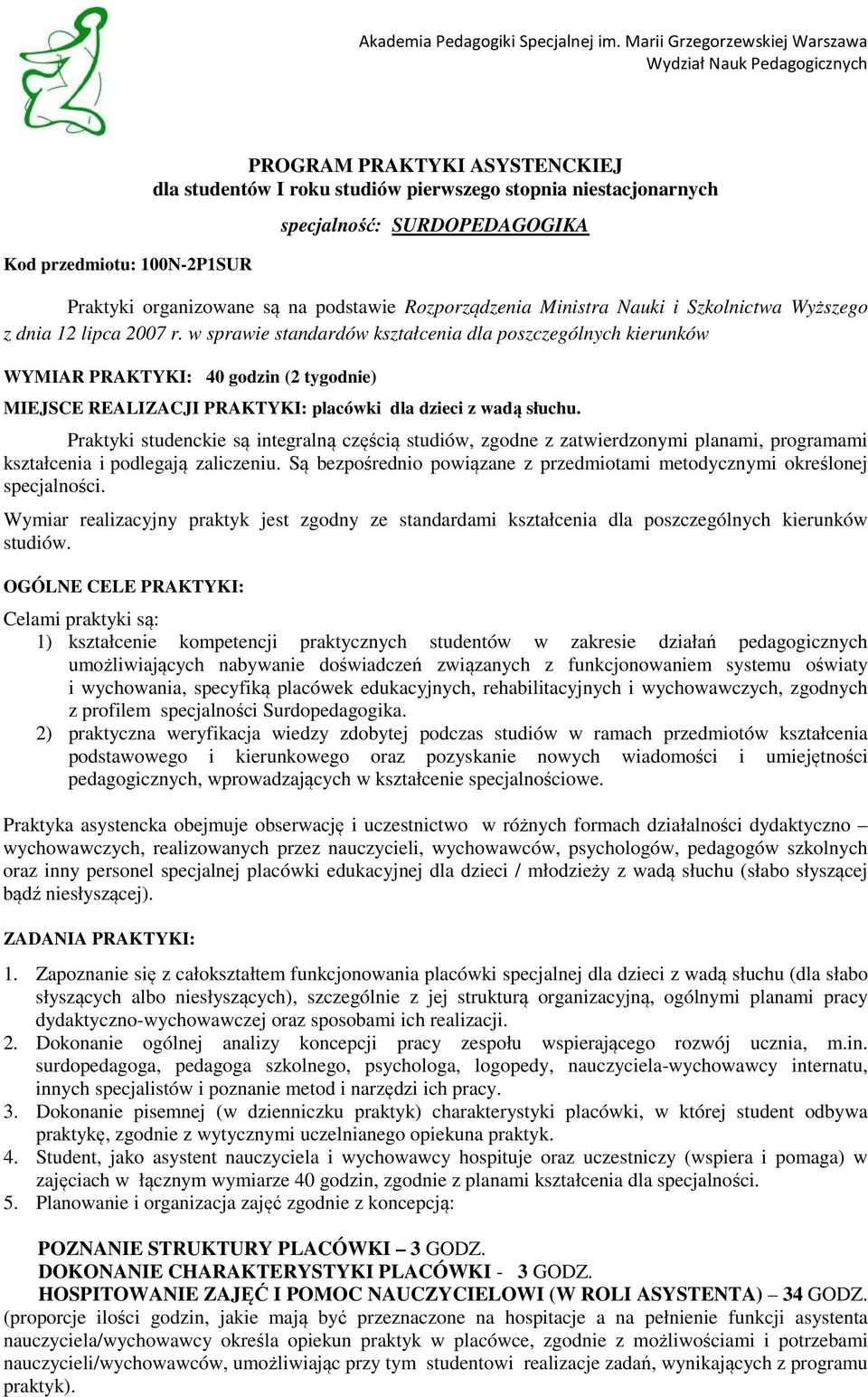 w sprawie standardów kształcenia dla poszczególnych kierunków WYMIAR PRAKTYKI: 40 godzin (2 tygodnie) MIEJSCE REALIZACJI PRAKTYKI: placówki dla dzieci z wadą słuchu.