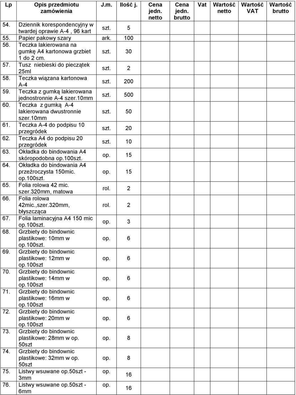 Teczka A4 do podpisu 20 przegródek 63. Okładka do bindowania A4 skóropodobna op.100szt. 64. Okładka do bindowania A4 przeźroczysta 150mic. op.100szt. 65. Folia rolowa 42 mic. szer.320mm, matowa 66.