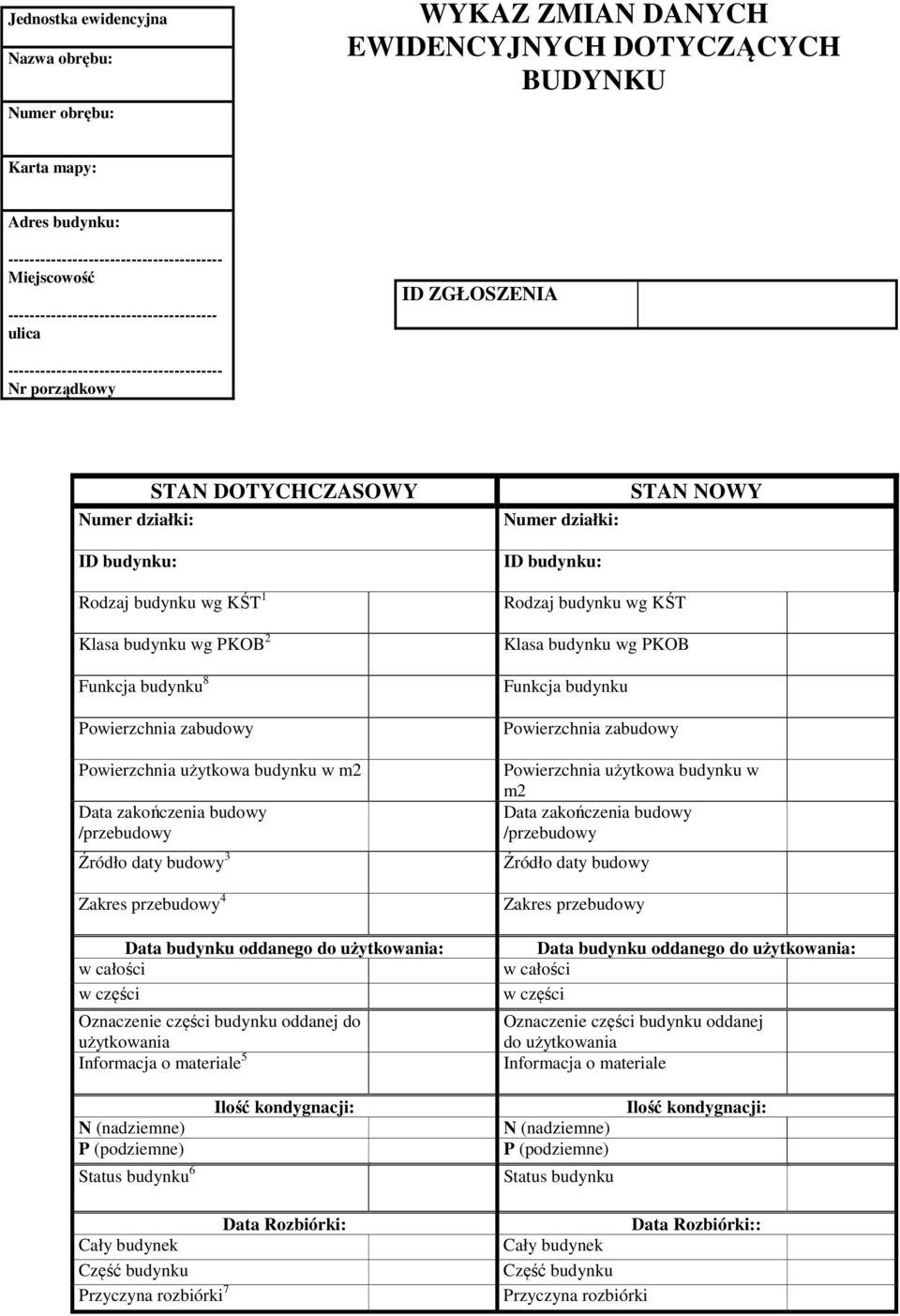 Rodzaj budynku wg KŚT 1 Klasa budynku wg PKOB 2 Funkcja budynku 8 Powierzchnia zabudowy Powierzchnia użytkowa budynku w m2 Data zakończenia budowy /przebudowy Źródło daty budowy 3 Zakres przebudowy 4