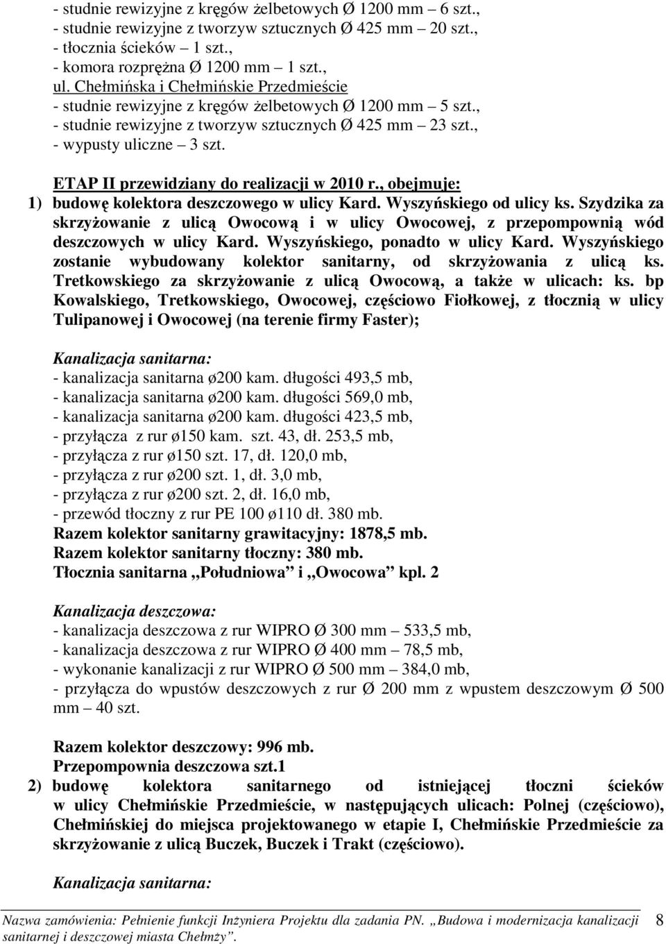 ETAP II przewidziany do realizacji w 2010 r., obejmuje: 1) budowę kolektora deszczowego w ulicy Kard. Wyszyńskiego od ulicy ks.