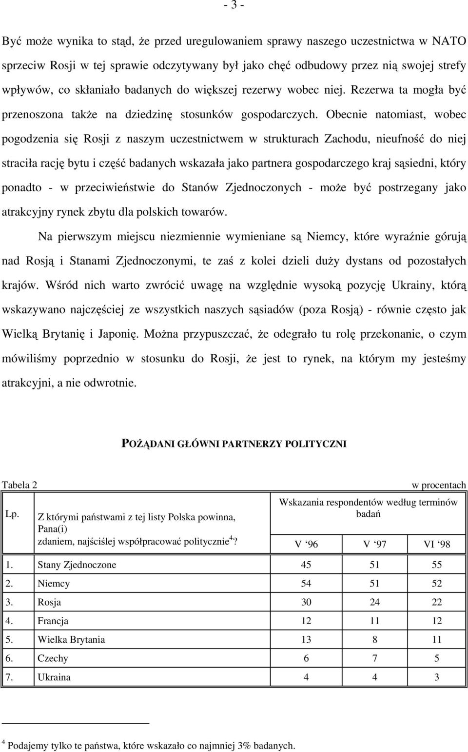 Obecnie natomiast, wobec pogodzenia się Rosji z naszym uczestnictwem w strukturach Zachodu, nieufność do niej straciła rację bytu i część badanych wskazała jako partnera gospodarczego kraj sąsiedni,