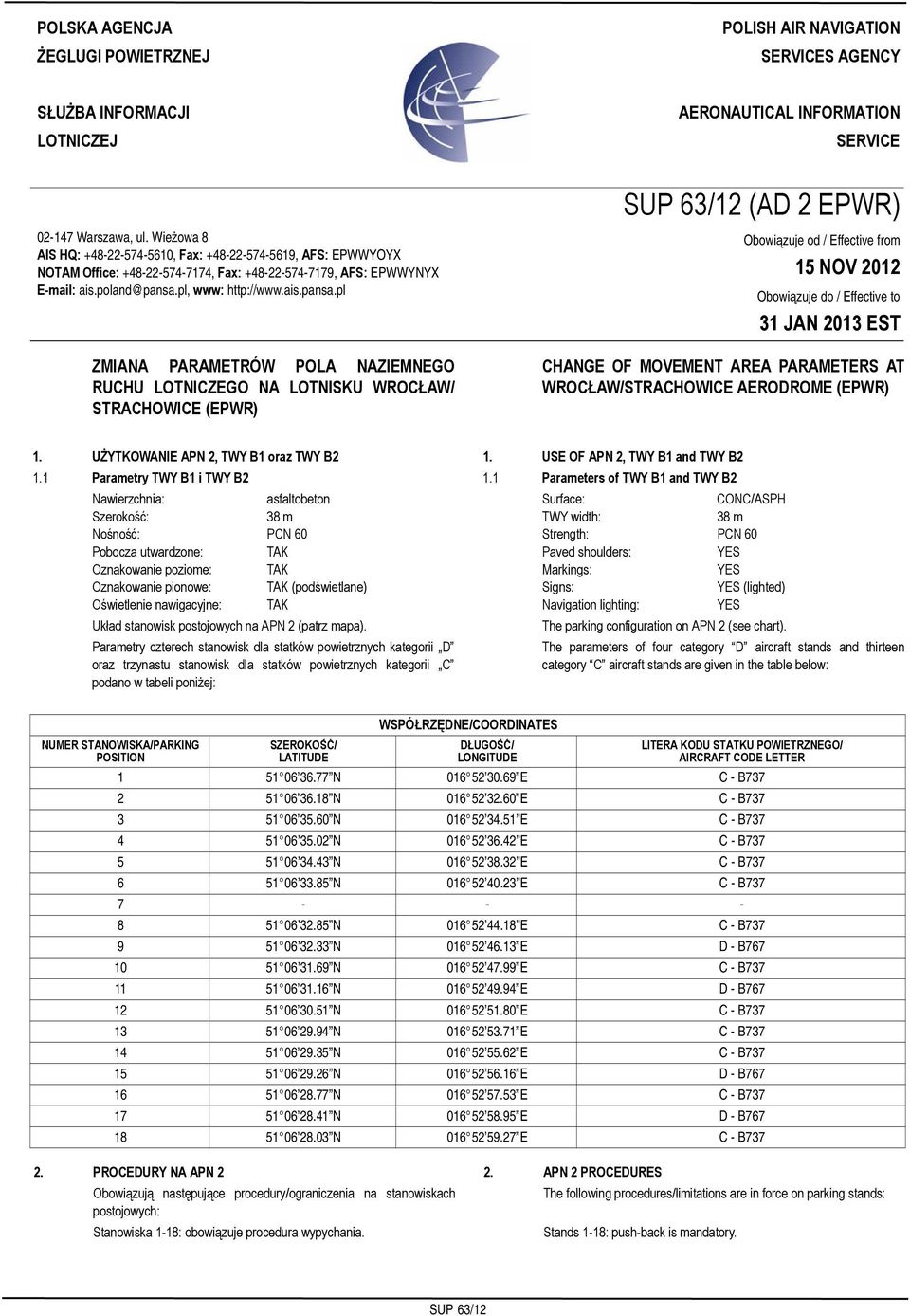 Wieżowa 8 AIS HQ: +48-22-574-5610, Fax: +48-22-574-5619, AFS: EPWWYOYX NOTAM Office: +48-22-574-7174, Fax: +48-22-574-7179, AFS: EPWWYNYX E-mail: ais.poland@pansa.