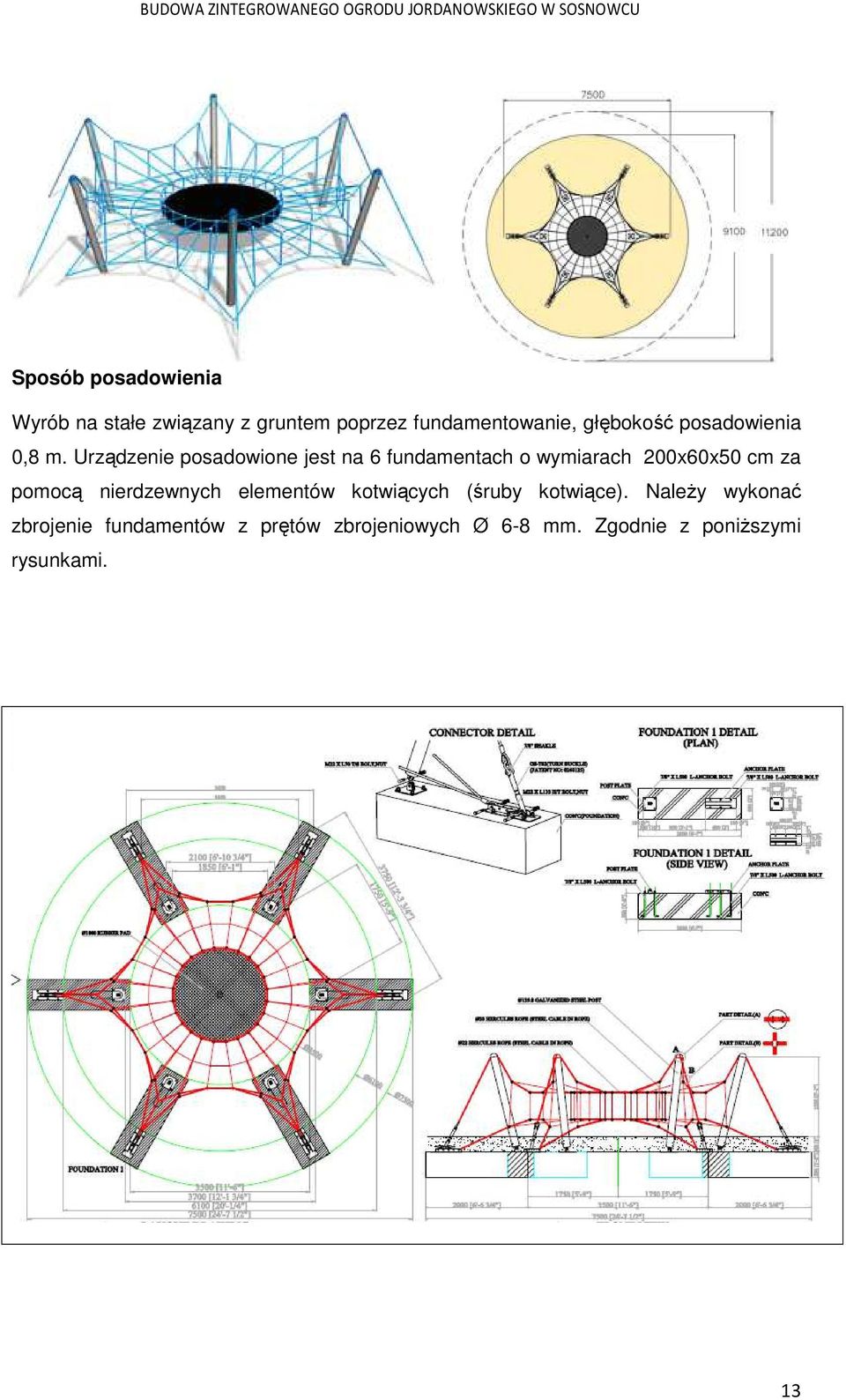 Urządzenie posadowione jest na 6 fundamentach o wymiarach 200x60x50 cm za pomocą