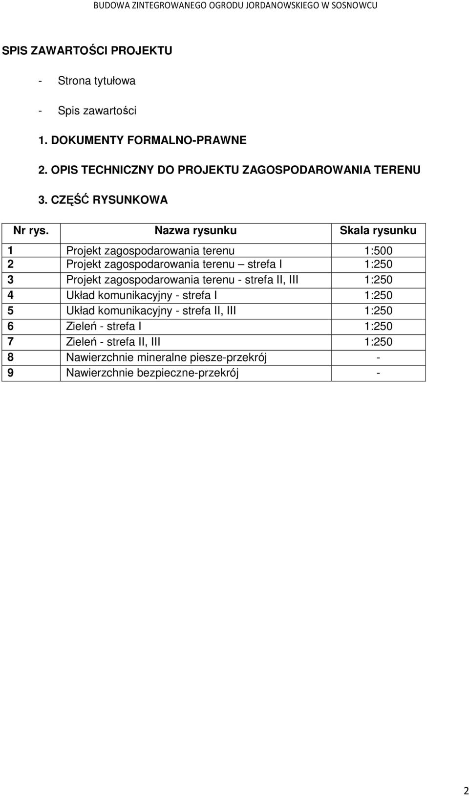 Nazwa rysunku Skala rysunku 1 Projekt zagospodarowania terenu 1:500 2 Projekt zagospodarowania terenu strefa I 1:250 3 Projekt