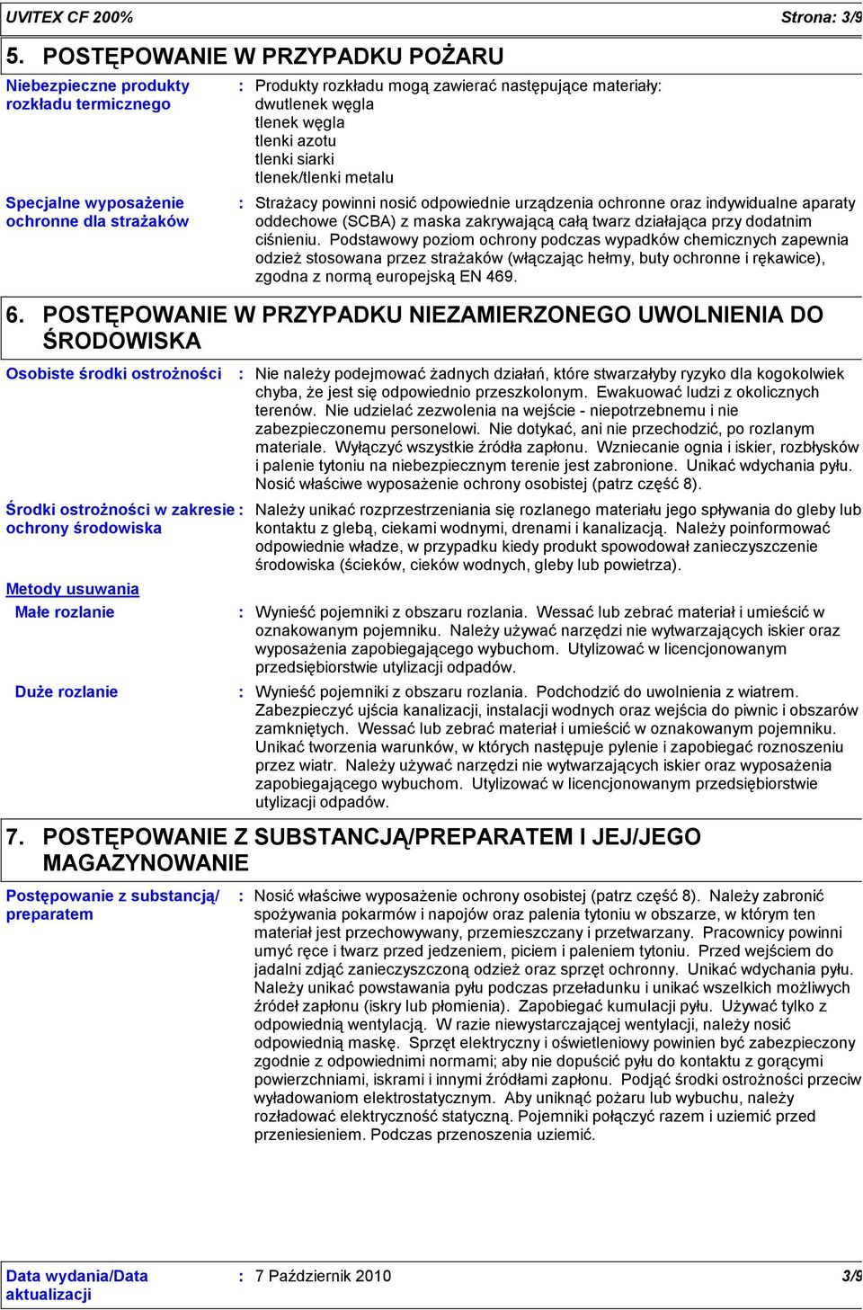 węgla tlenki azotu tlenki siarki tlenek/tlenki metalu : Strażacy powinni nosićodpowiednie urządzenia ochronne oraz indywidualne aparaty oddechowe (SCBA) z maska zakrywającącałątwarz działająca przy