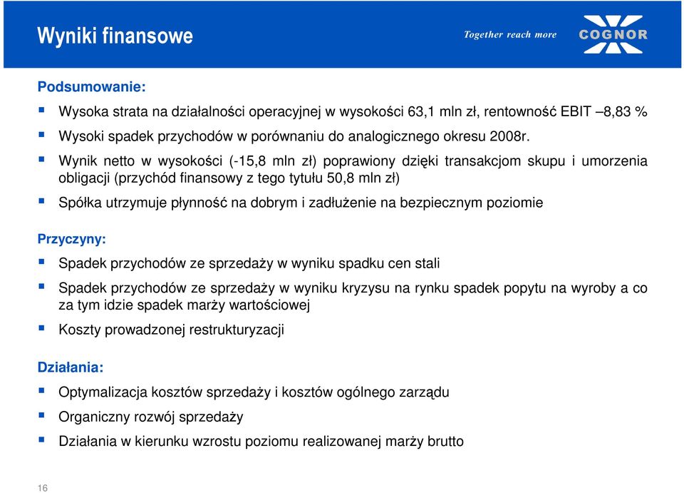 bezpiecznym poziomie Przyczyny: Spadek przychodów ze sprzedaŝy w wyniku spadku cen stali Spadek przychodów ze sprzedaŝy w wyniku kryzysu na rynku spadek popytu na wyroby a co za tym idzie spadek