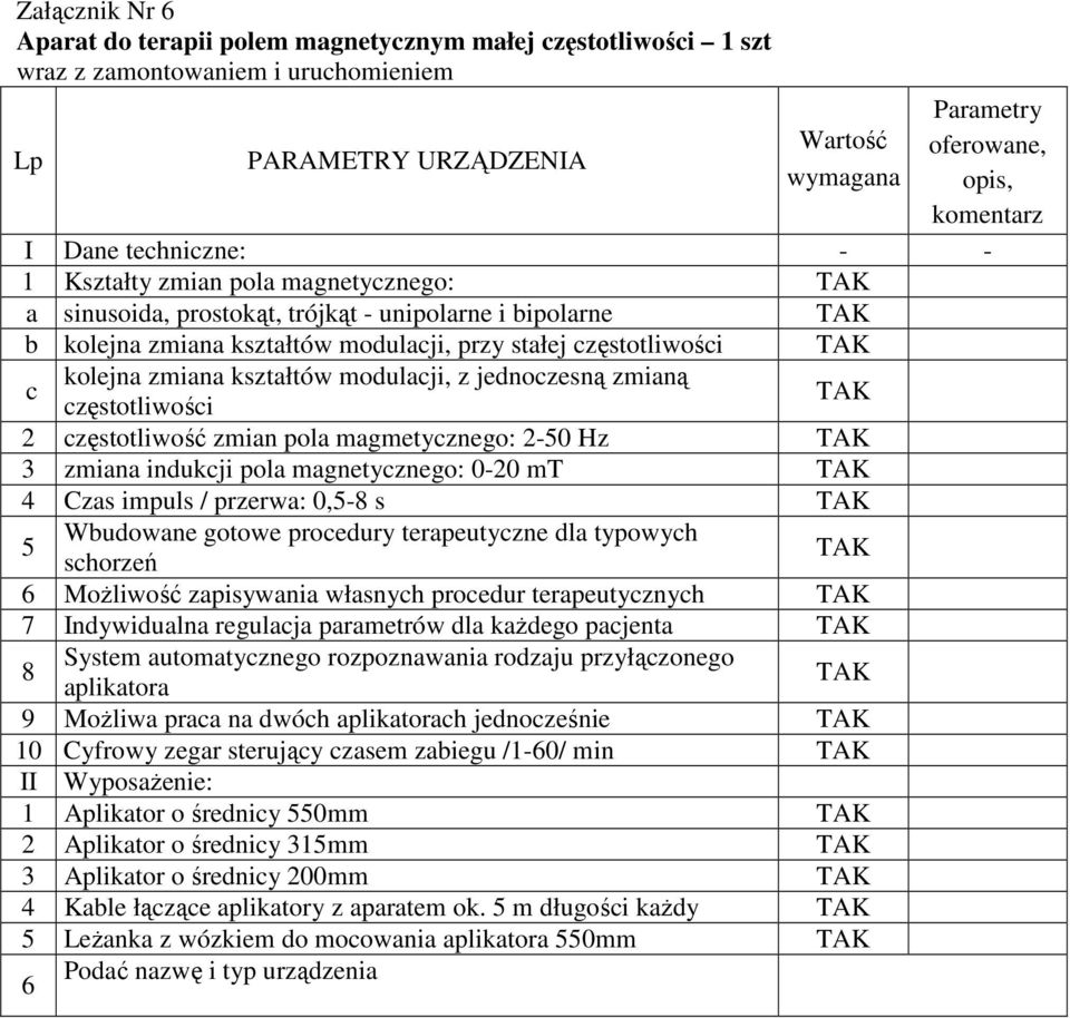 jednoczesną zmianą c częstotliwości 2 częstotliwość zmian pola magmetycznego: 2-50 Hz 3 zmiana indukcji pola magnetycznego: 0-20 mt 4 Czas impuls / przerwa: 0,5-8 s Wbudowane gotowe procedury