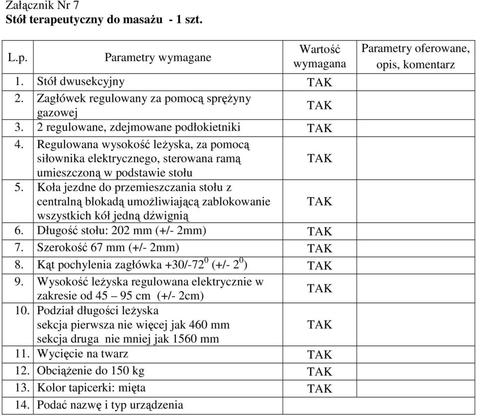 Koła jezdne do przemieszczania stołu z centralną blokadą umoŝliwiającą zablokowanie wszystkich kół jedną dźwignią 6. Długość stołu: 202 mm (+/- 2mm) 7. Szerokość 67 mm (+/- 2mm) 8.