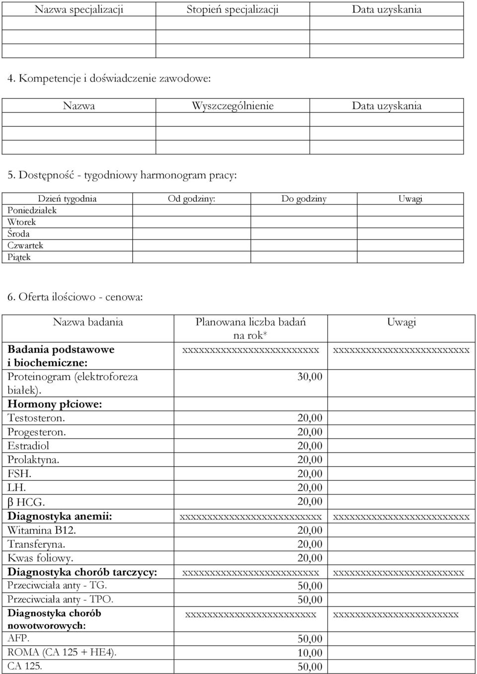 Oferta ilościowo - cenowa: Nazwa badania Planowana liczba badań Uwagi na rok* Badania podstawowe xxxxxxxxxxxxxxxxxxxxxxxxx xxxxxxxxxxxxxxxxxxxxxxxxx i biochemiczne: Proteinogram (elektroforeza 30,00