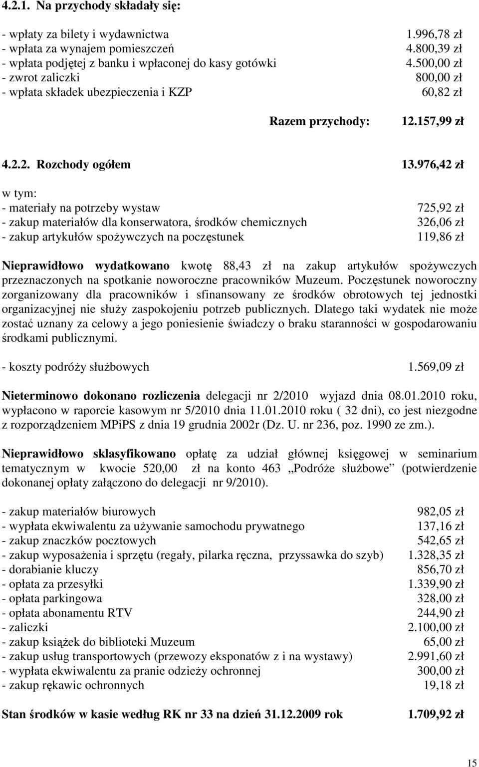 976,42 zł w tym: - materiały na potrzeby wystaw 725,92 zł - zakup materiałów dla konserwatora, środków chemicznych 326,06 zł - zakup artykułów spożywczych na poczęstunek 119,86 zł Nieprawidłowo