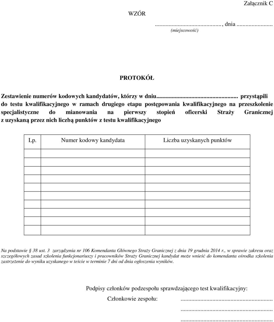uzyskaną przez nich liczbą punktów z testu kwalifikacyjnego Numer kodowy kandydata Liczba uzyskanych punktów Na podstawie 38 ust.