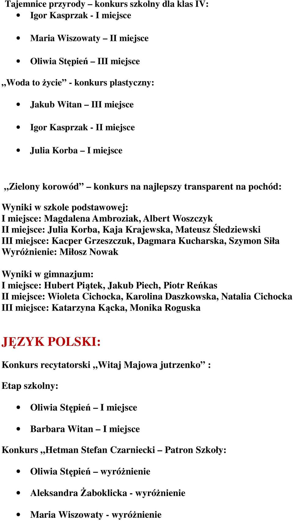 Korba, Kaja Krajewska, Mateusz Śledziewski III miejsce: Kacper Grzeszczuk, Dagmara Kucharska, Szymon Siła Wyróżnienie: Miłosz Nowak Wyniki w gimnazjum: I miejsce: Hubert Piątek, Jakub Piech, Piotr