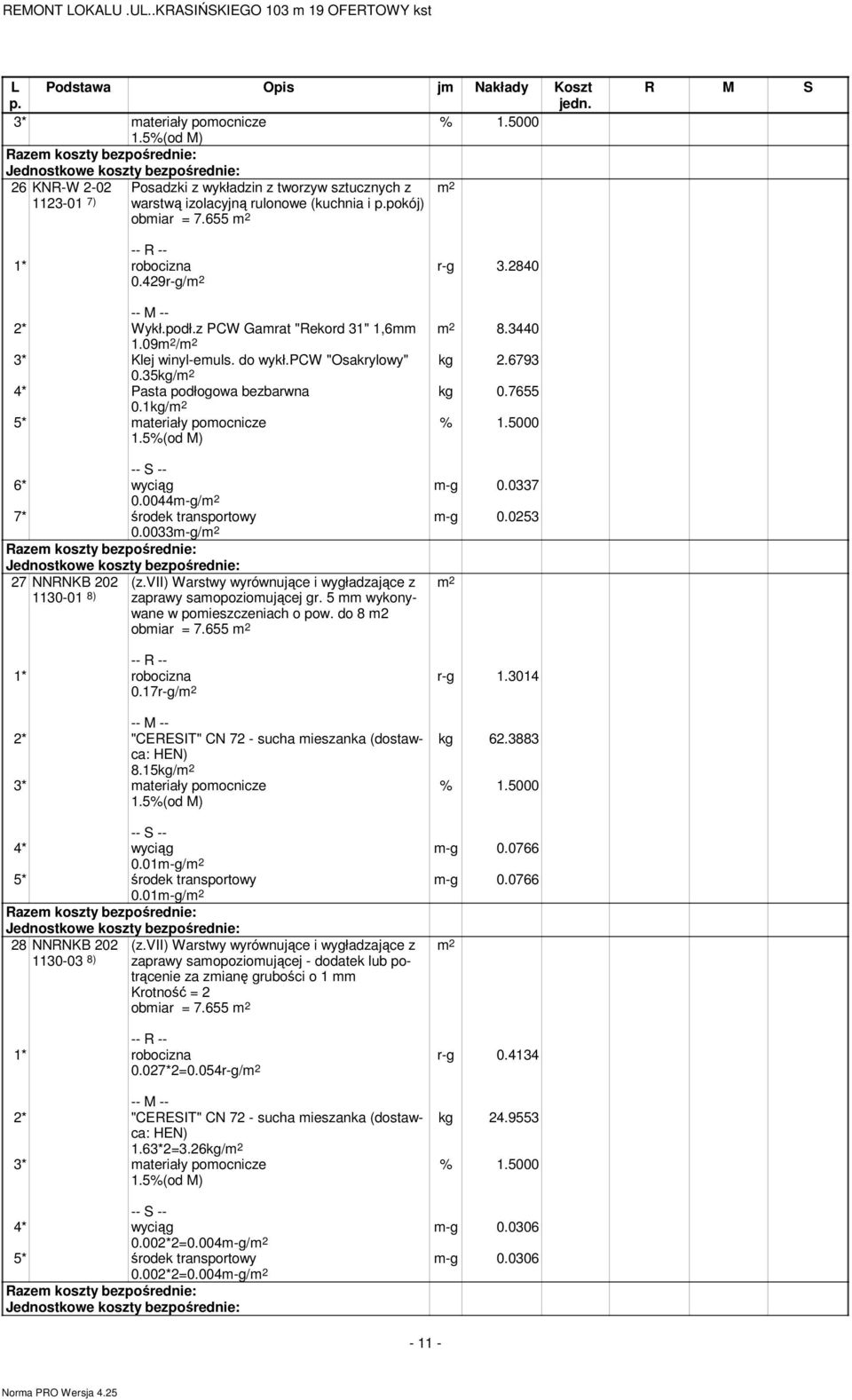 0253 i wygładzające z 6* wyciąg 0.0044m-g/ 7* środek transportowy 0.0033m-g/ 27 NNRNKB 202 (z.vii) Warstwy wyrównujące 1130-01 8) zaprawy samopoziomującej gr. 5 mm wykonywane w pomieszczeniach o pow.