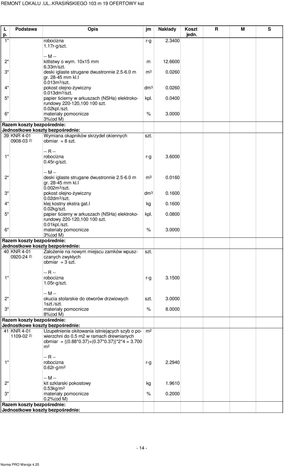 / 6* materiały pomocnicze 3%(od M) 39 KNR 4-01 Wymiana okapników skrzydeł okiennych 0908-03 2) obmiar = 8 0.45r-g/ 2* deski iglaste strugane dwustronnie 2.5-6.0 m gr. 28-45 mm kl.i 0.