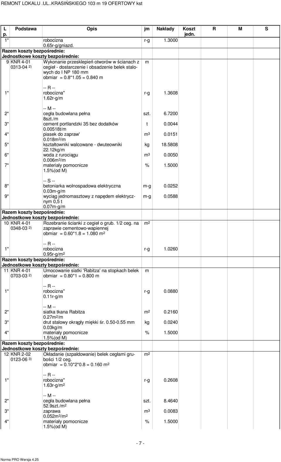 006m 3 /m 7* materiały pomocnicze 8* betoniarka wolnospadowa elektryczna 0.03m-g/m 9* wyciąg jednomasztowy z napędem elektrycznym 0,5 t 0.07m-g/m 10 KNR 4-01 Rozebranie ścianki z cegieł o grub.