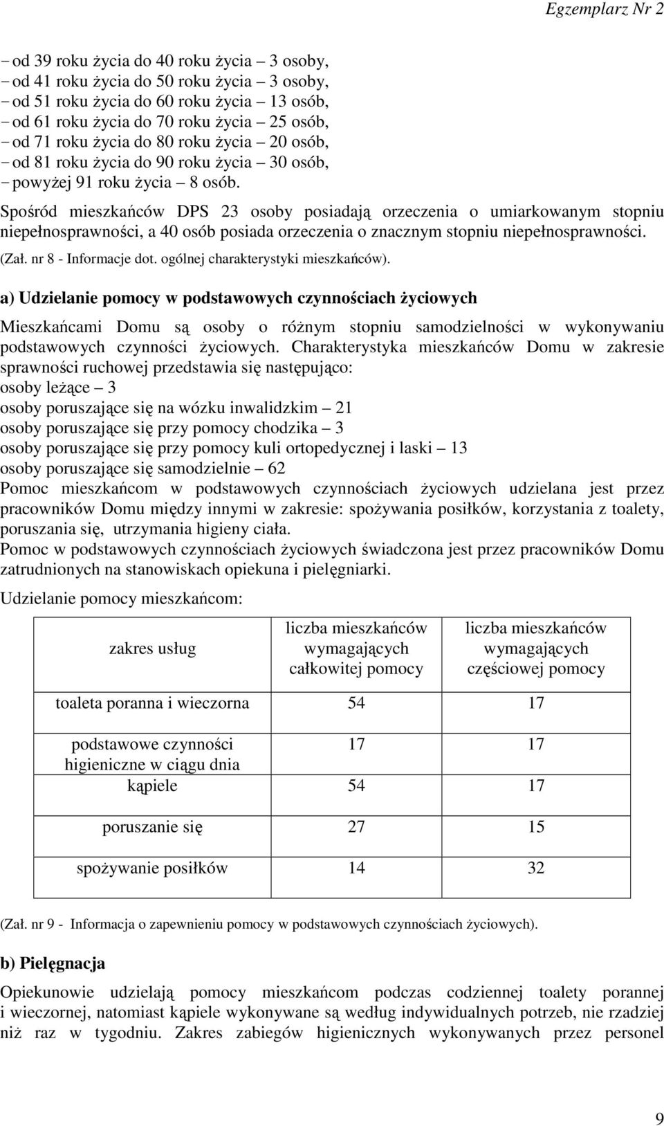 Spośród mieszkańców DPS 23 osoby posiadają orzeczenia o umiarkowanym stopniu niepełnosprawności, a 40 osób posiada orzeczenia o znacznym stopniu niepełnosprawności. (Zał. nr 8 - Informacje dot.