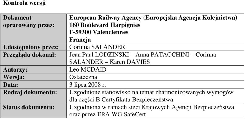 Leo MCDAID Ostateczna Autorzy: Wersja: Data: 3 lipca 2008 r.