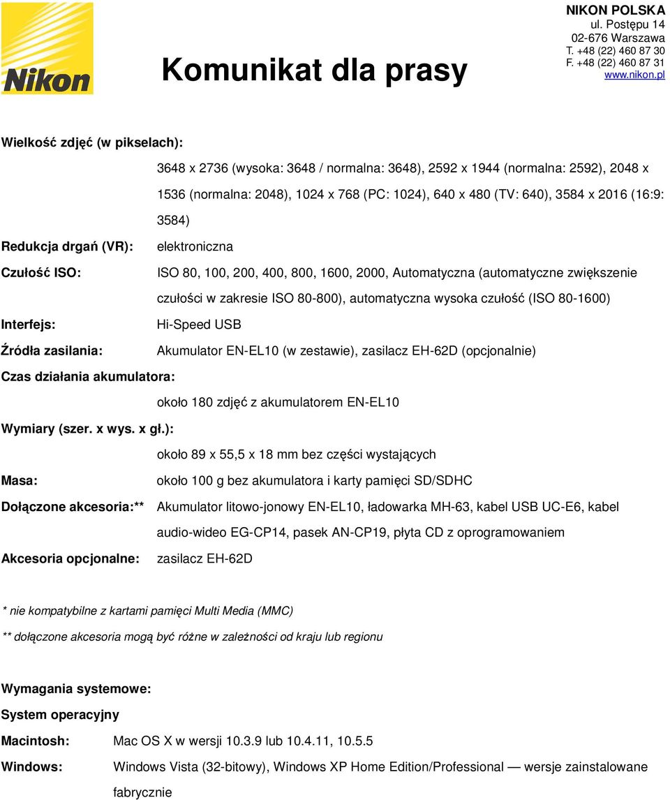 80-1600) Interfejs: Źródła zasilania: Hi-Speed USB Akumulator EN-EL10 (w zestawie), zasilacz EH-62D (opcjonalnie) Czas działania akumulatora: około 180 zdjęć z akumulatorem EN-EL10 Wymiary (szer.