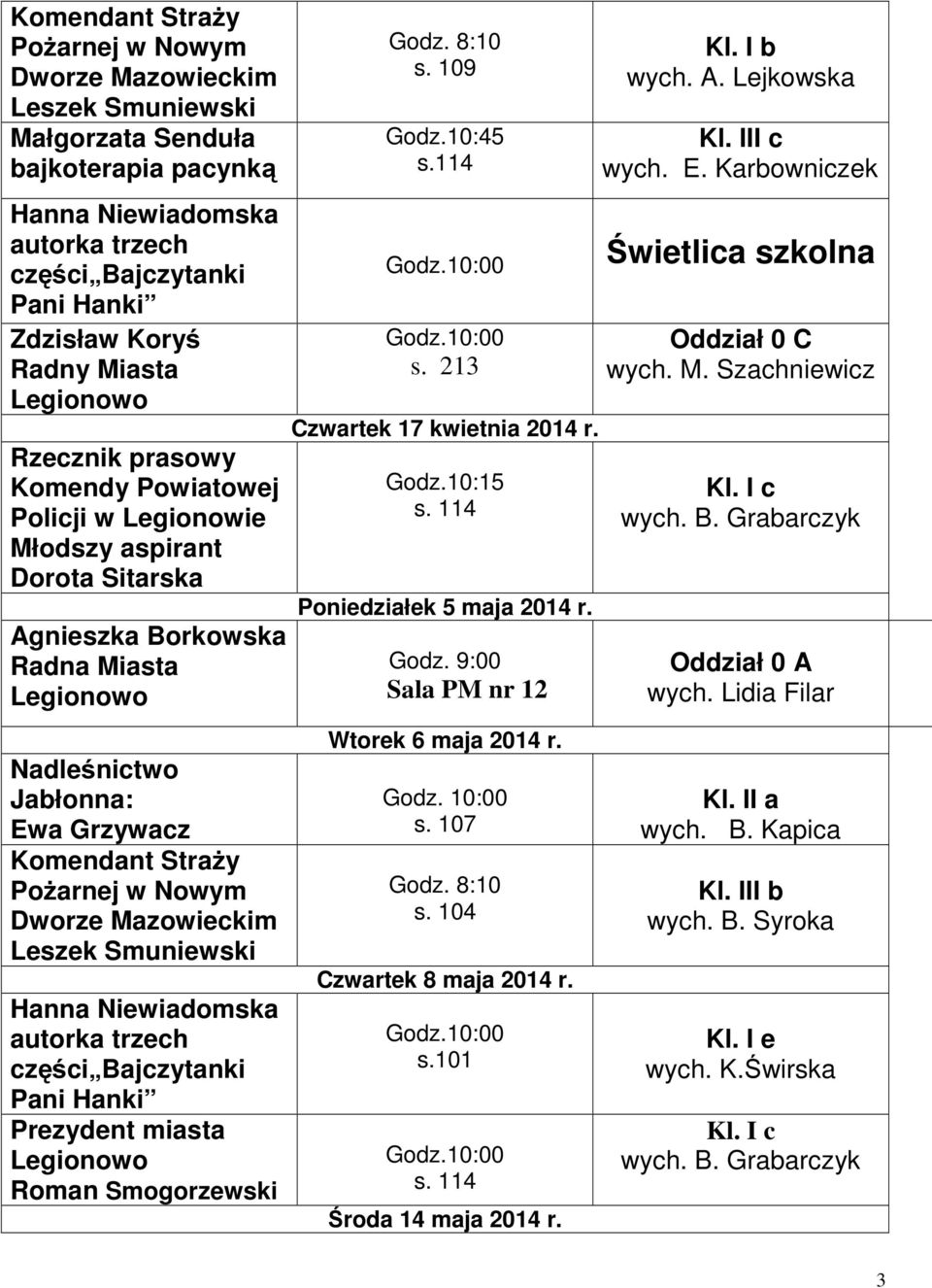 Środa 14 maja 2014 r. Kl. I b wych. A. Lejkowska Kl. III c wych. E. Karbowniczek Oddział 0 C wych. M. Szachniewicz wych. B.