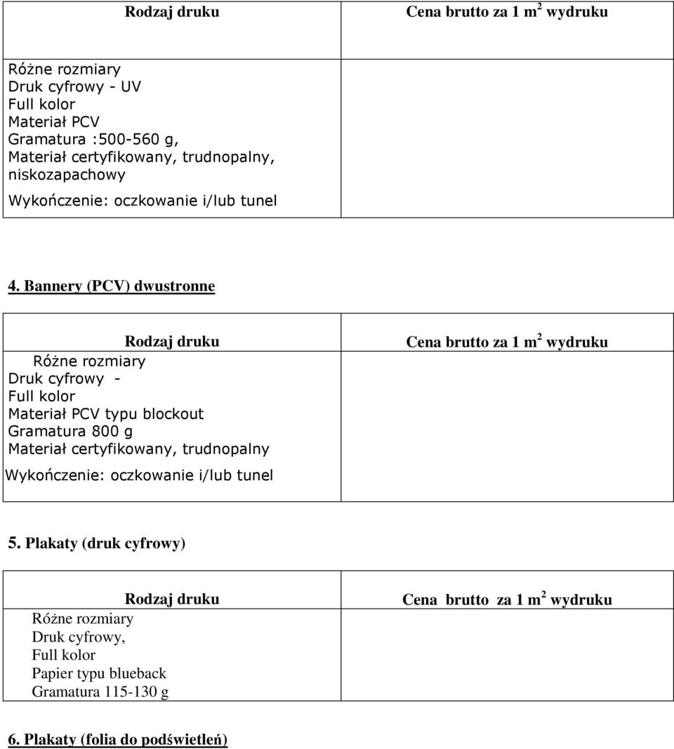 Bannery (PCV) dwustronne Druk cyfrowy - Materiał PCV typu blockout Gramatura 800 g Materiał