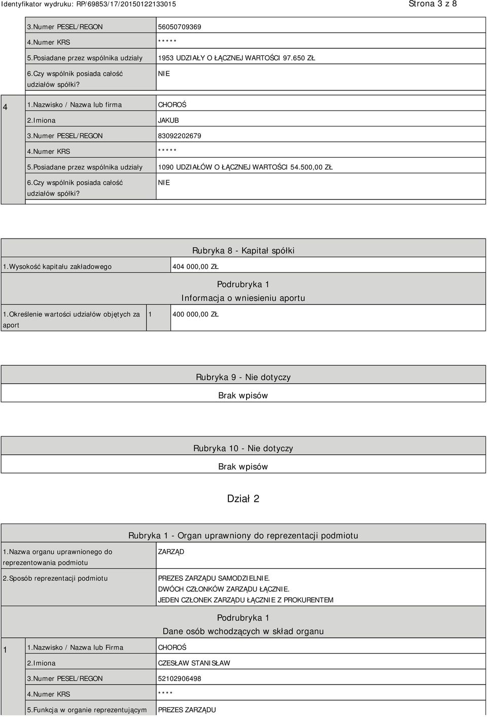 1090 UDZIAŁÓW O ŁĄCZNEJ WARTOŚCI 54.500,00 ZŁ Rubryka 8 - Kapitał spółki 1.Wysokość kapitału zakładowego 404 000,00 ZŁ Podrubryka 1 Informacja o wniesieniu aportu 1.