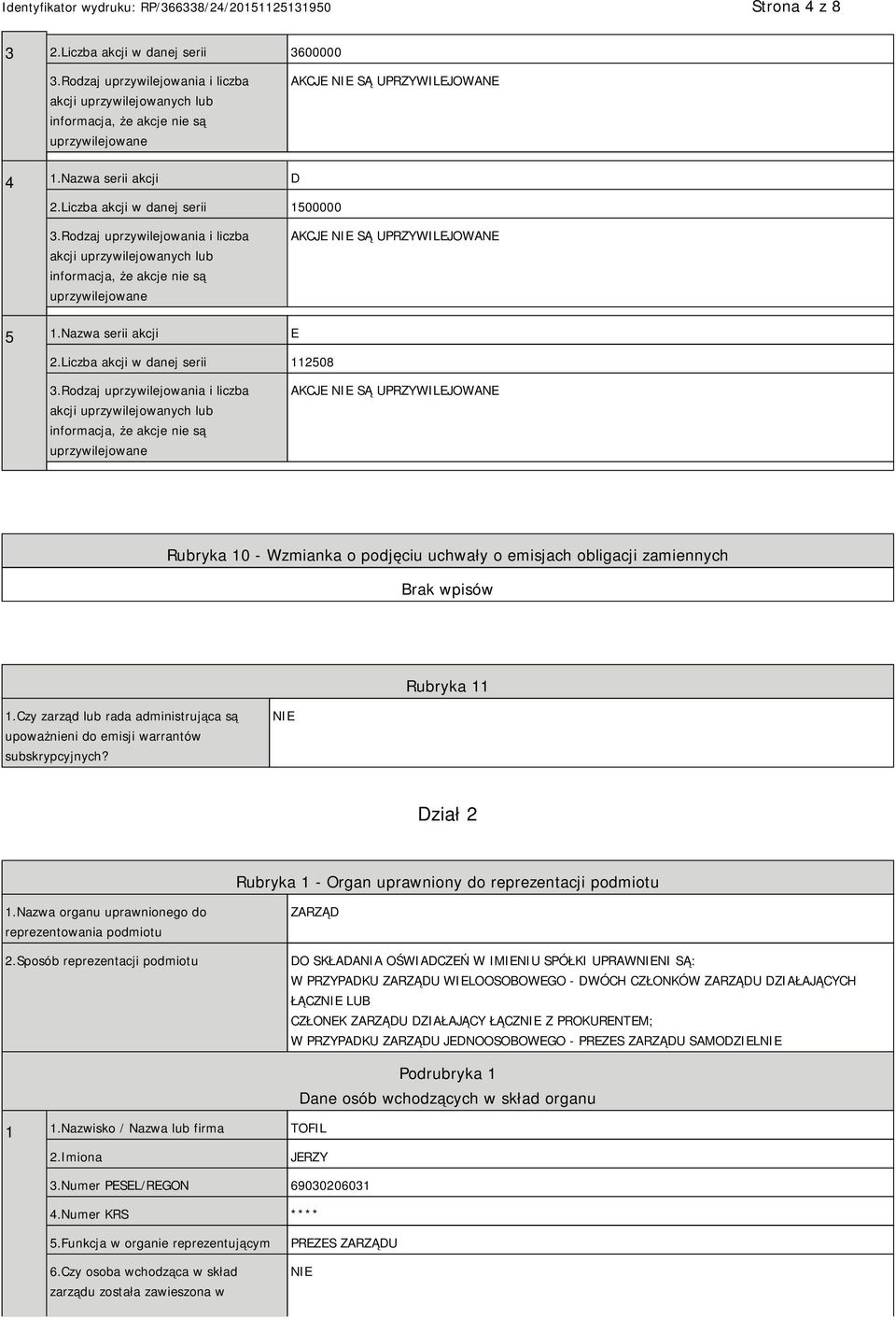 Czy zarząd lub rada administrująca są upoważnieni do emisji warrantów subskrypcyjnych? Dział 2 Rubryka 1 - Organ uprawniony do reprezentacji podmiotu 1.