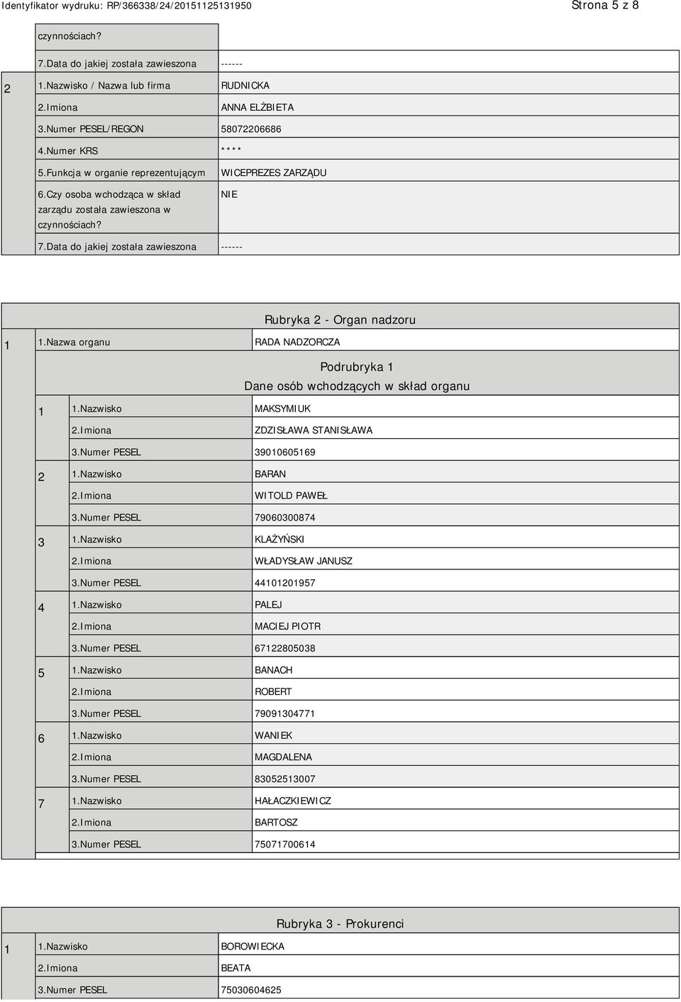 Nazwa organu RADA NADZORCZA Podrubryka 1 Dane osób wchodzących w skład organu 1 1.Nazwisko MAKSYMIUK ZDZISŁAWA STANISŁAWA 3.Numer PESEL 39010605169 2 1.Nazwisko BARAN WITOLD PAWEŁ 3.