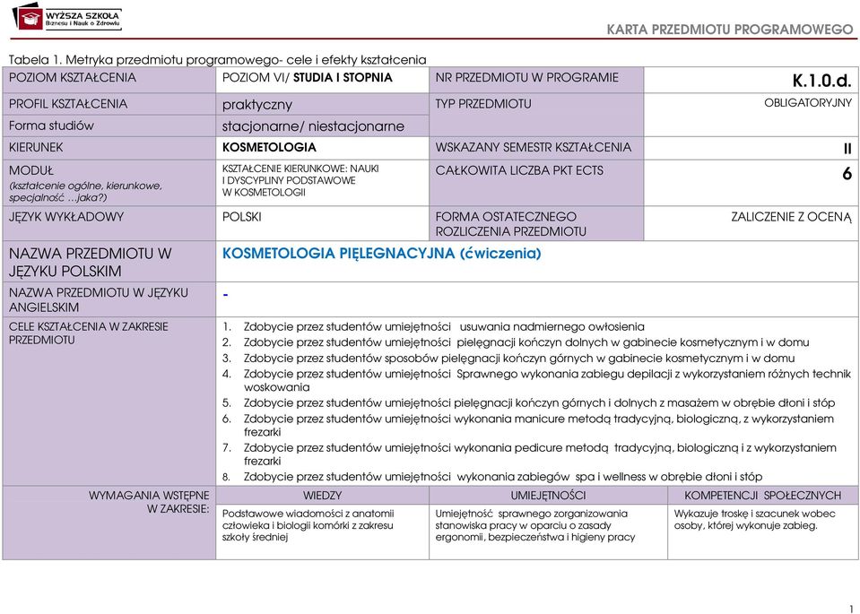 PROFIL KSZTAŁCENIA praktyczny TYP PRZEDMIOTU OBLIGATORYJNY Forma studiów stacjonarne/ niestacjonarne KIERUNEK KOSMETOLOGIA WSKAZANY SEMESTR KSZTAŁCENIA II MODUŁ (kształcenie ogólne, kierunkowe,