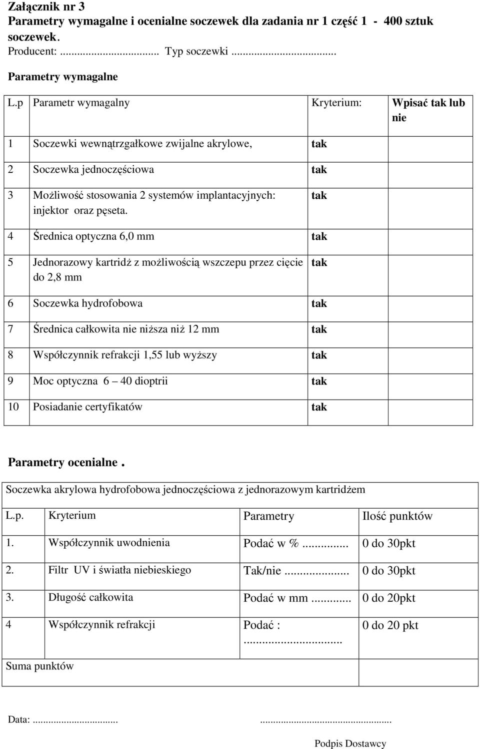 4 Średnica optyczna 6,0 mm 5 Jednorazowy kartridż z możliwością wszczepu przez cięcie do 2,8 mm 6 Soczewka hydrofobowa 7 Średnica całkowita nie niższa niż 12 mm 8 Współczynnik refrakcji 1,55 lub
