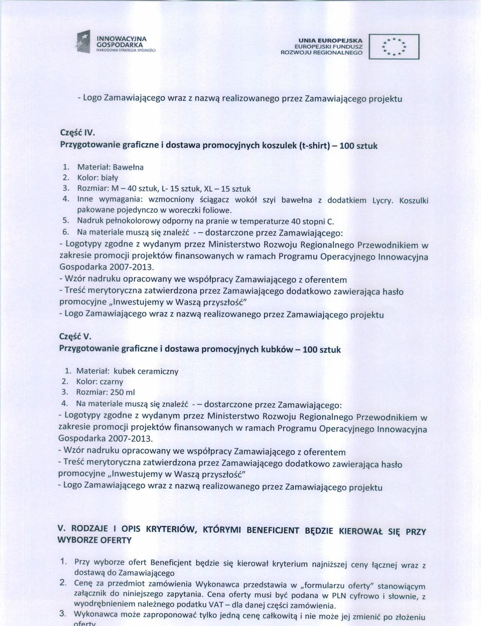 Inne wymagania: wzmocniony ściągacz wokół szyi bawełna z dodatkiem Lycry. Koszulki pakowane pojedynczo w woreczki foliowe. 5. Nadruk pełnokolorowy odporny na pranie w temperaturze 40 stopni C. 6.