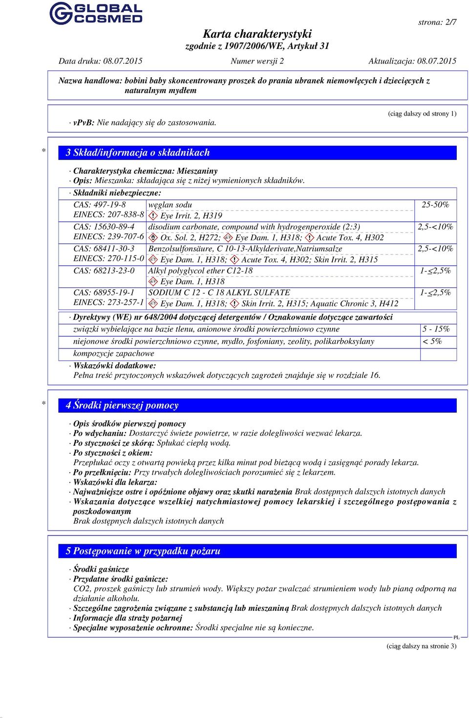 Składniki niebezpieczne: CAS: 497-19-8 EINECS: 207-838-8 węglan sodu Eye Irrit. 2, H319 CAS: 15630-89-4 disodium carbonate, compound with hydrogenperoxide (2:3) EINECS: 239-707-6 Ox. Sol.