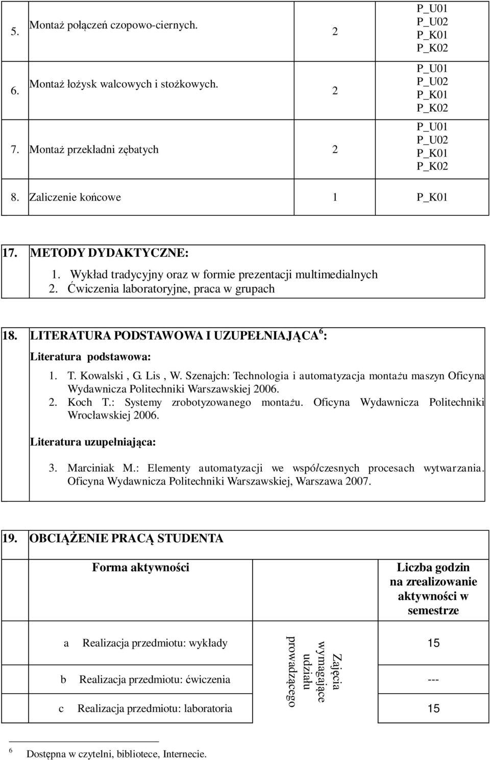 Szenajch: Technologia i automatyzacja montażu maszyn Oficyna Wydawnicza Politechniki Warszawskiej 006.. Koch T.: Systemy zrobotyzowanego montażu. Oficyna Wydawnicza Politechniki Wrocławskiej 006.