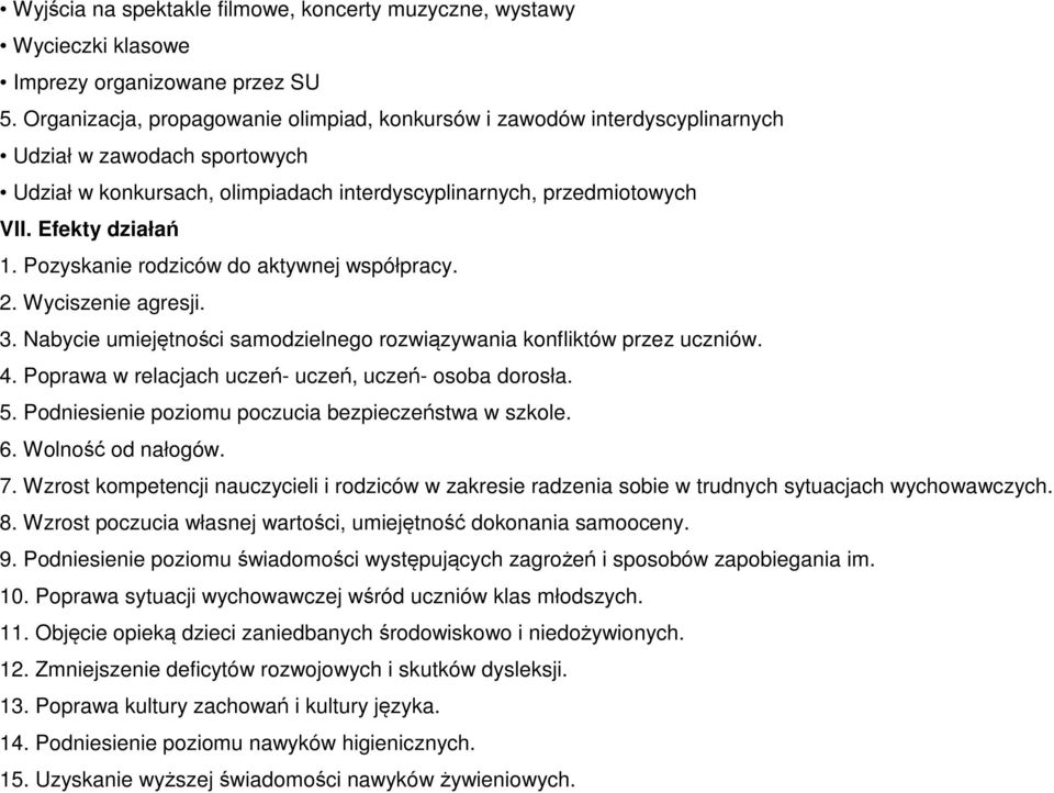 Pozyskanie rodziców do aktywnej współpracy. 2. Wyciszenie agresji. 3. Nabycie umiejętności samodzielnego rozwiązywania konfliktów przez uczniów. 4.