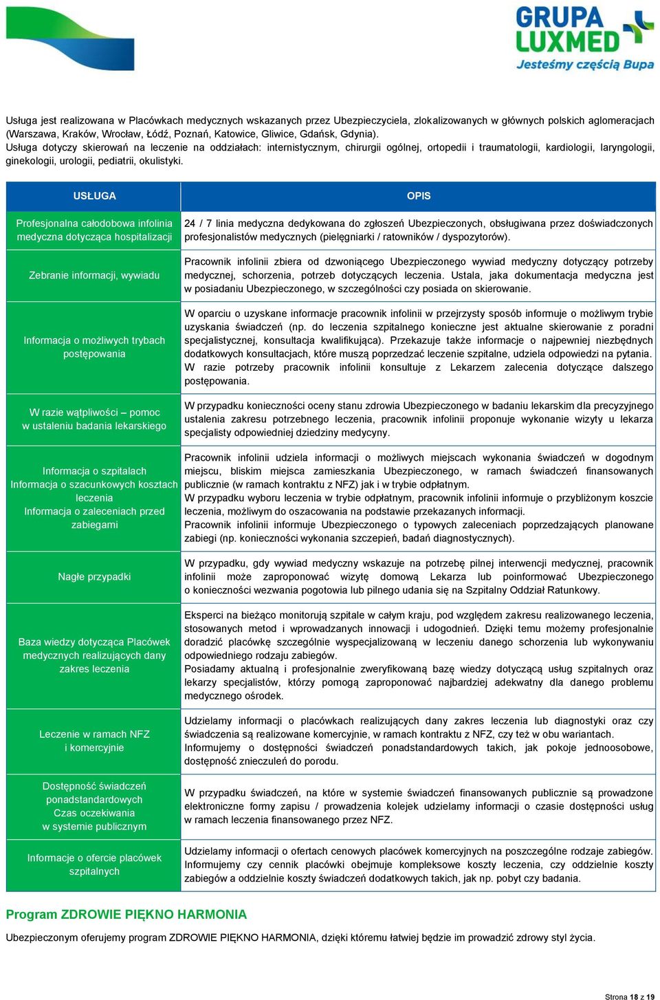 Usługa dotyczy skierowań na leczenie na oddziałach: internistycznym, chirurgii ogólnej, ortopedii i traumatologii, kardiologii, laryngologii, ginekologii, urologii, pediatrii, okulistyki.