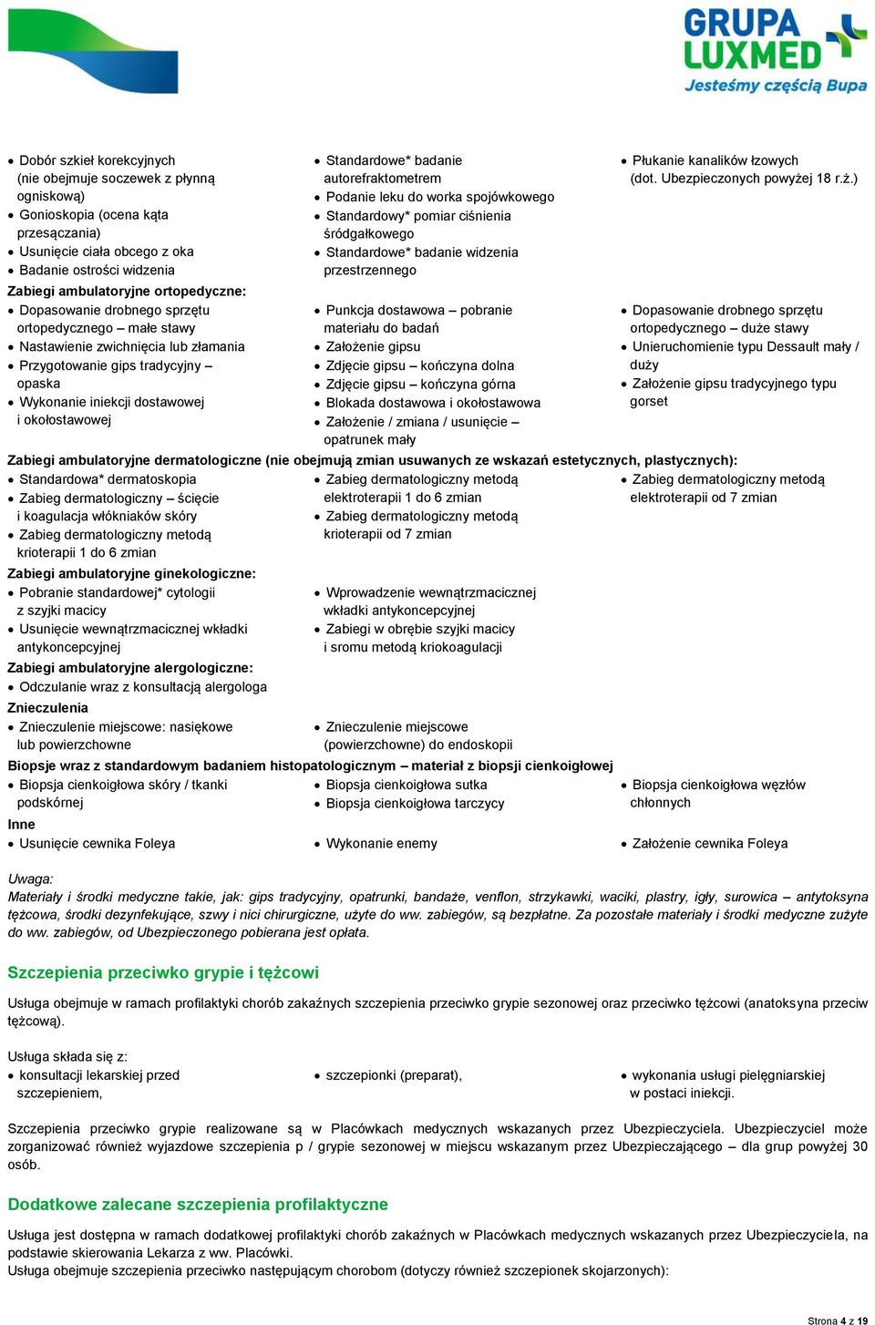 autorefraktometrem Podanie leku do worka spojówkowego Standardowy* pomiar ciśnienia śródgałkowego Standardowe* badanie widzenia przestrzennego Punkcja dostawowa pobranie materiału do badań Założenie