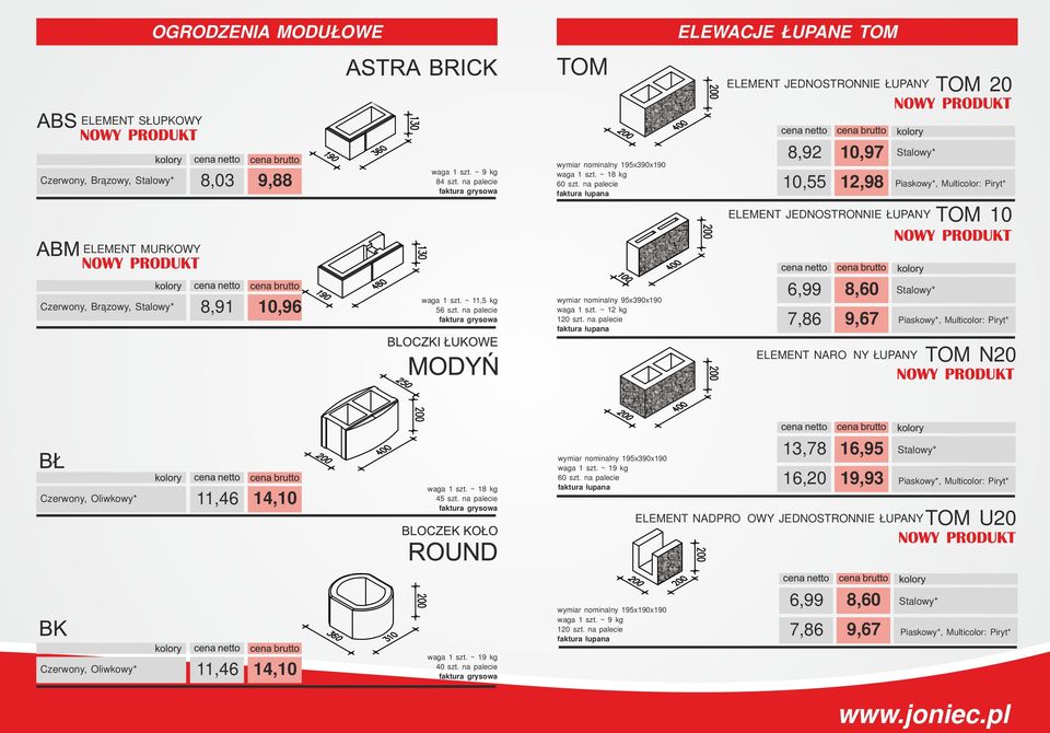 na palecie wymiar nominalny 95x390x190 waga 1 szt. ~ 12 kg 120 szt.