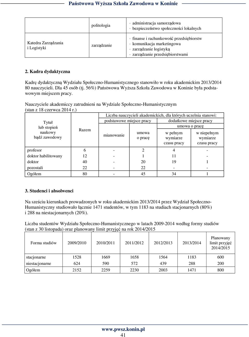 Kadra dydaktyczna Kadrę dydaktyczną Wydziału Społeczno-Humanistycznego stanowiło w roku akademickim 2013/2014 80 nauczycieli. Dla 45 osób (tj.