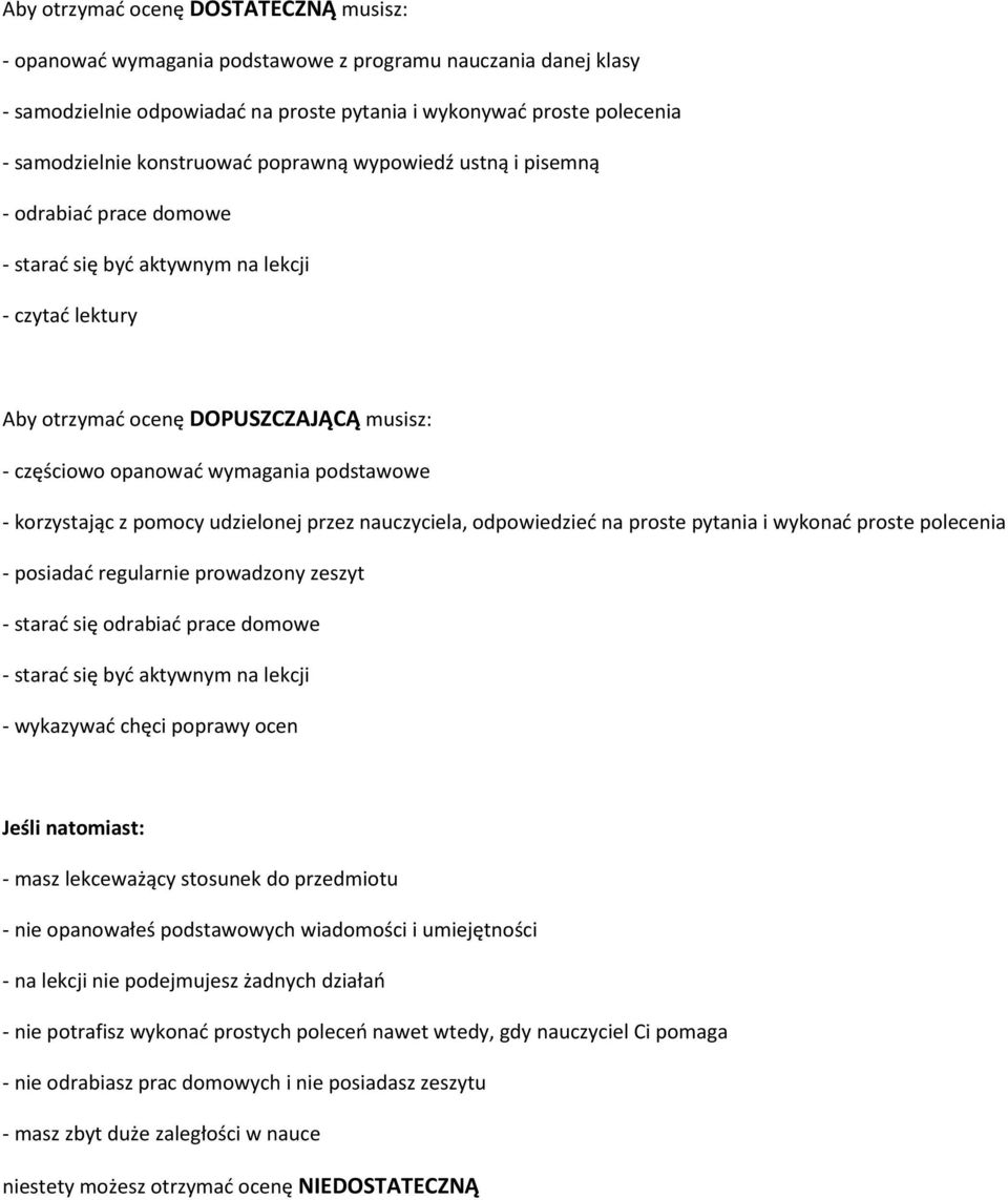 podstawowe - korzystając z pomocy udzielonej przez nauczyciela, odpowiedzieć na proste pytania i wykonać proste polecenia - posiadać regularnie prowadzony zeszyt - starać się odrabiać prace domowe -