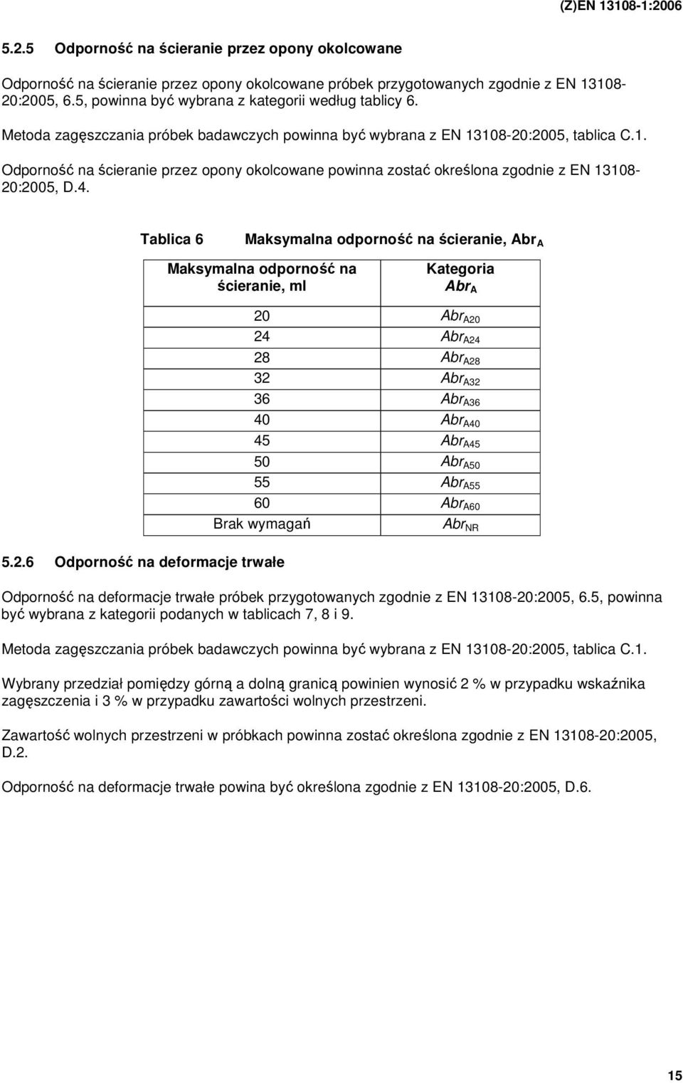 108-20:2005, tablica C.1. Odporność na ścieranie przez opony okolcowane powinna zostać określona zgodnie z EN 13108-20:2005, D.4.