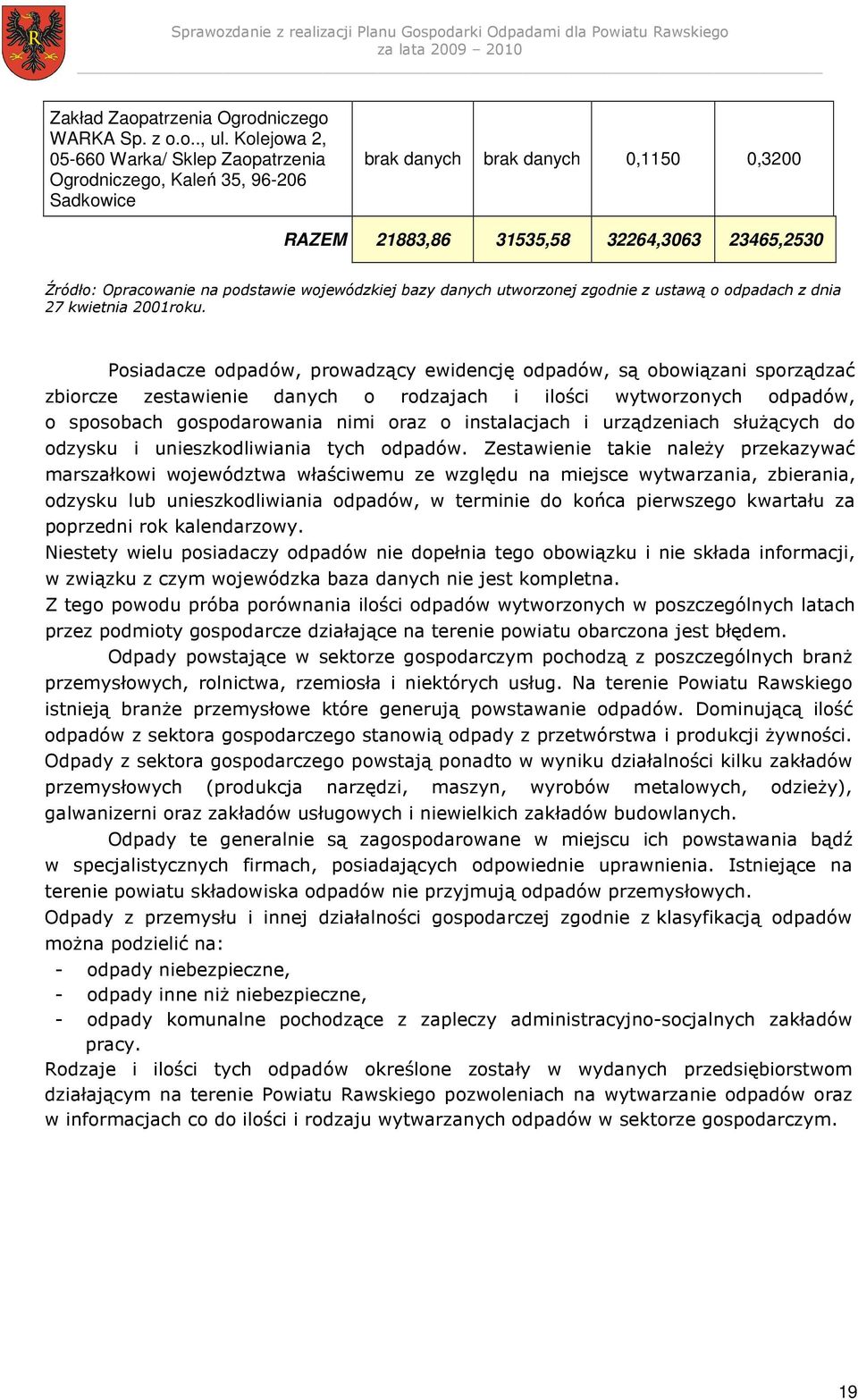 podstawie wojewódzkiej bazy danych utworzonej zgodnie z ustawą o odpadach z dnia 27 kwietnia 2001roku.