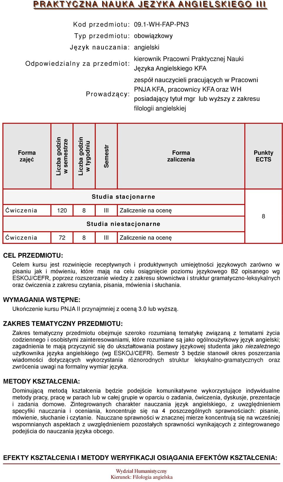 pracujących w Pracowni PNJA KFA, pracownicy KFA oraz WH posiadający tytuł mgr lub wyższy z zakresu filologii angielskiej zajęć zaliczenia Punkty ECTS Studia stacjonarne Ćwic zenia 120 8 III