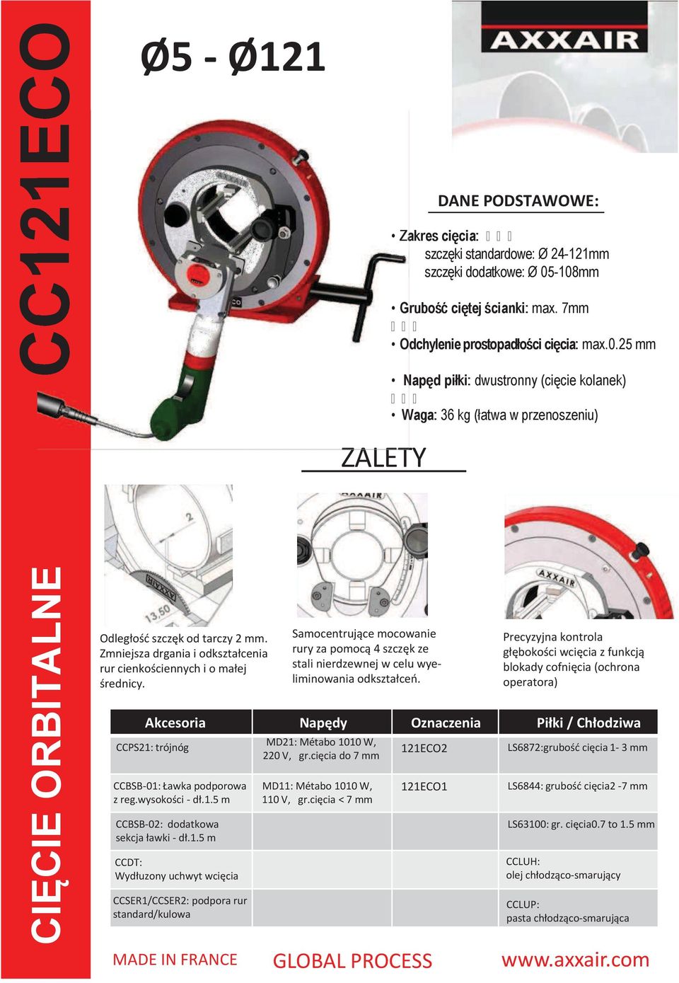 !! szczęki standardowe: Ø 24-121mm szczęki dodatkowe: Ø 05-108mm Grubość ciętej ścianki: max. 7mm!!! Odchylenie prostopadłości cięcia: max.0.25 mm Napęd piłki: dwustronny (cięcie kolanek)!