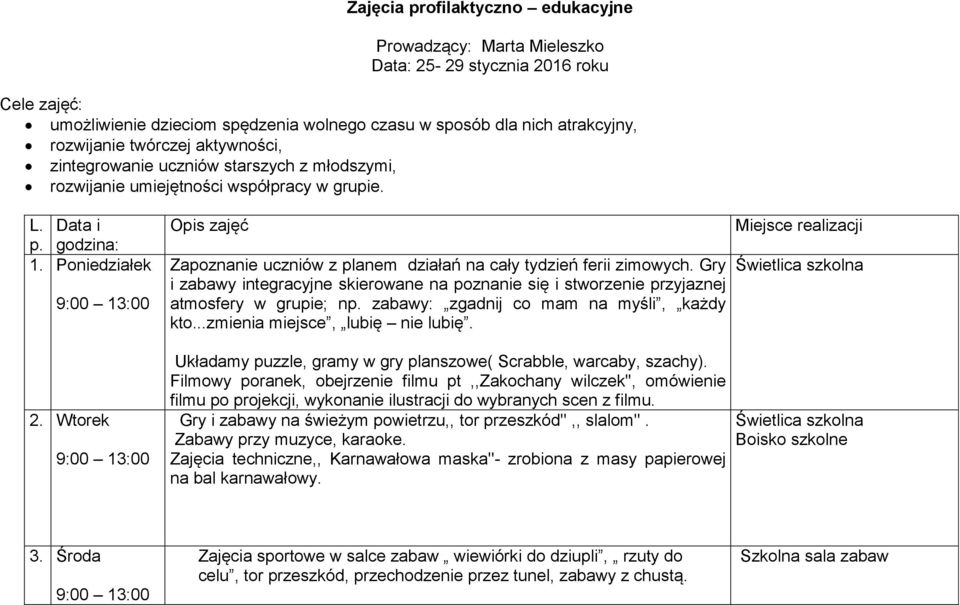 Poniedziałek Opis zajęć Zapoznanie uczniów z planem działań na cały tydzień ferii zimowych. Gry i zabawy integracyjne skierowane na poznanie się i stworzenie przyjaznej atmosfery w grupie; np.