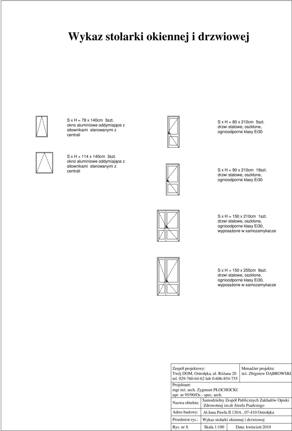 drzwi stalowe, oszklone, ognioodporne klasy S x H = x cm 1szt. drzwi stalowe, oszklone, ognioodporne klasy, wyposażone w samozamykacze S x H = x 255cm 9szt.