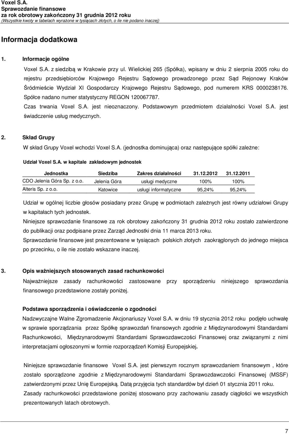 Krajowego Rejestru Sądowego, pod numerem KRS 0000238176. Spółce nadano numer statystyczny REGON 120067787. Czas trwania Voxel S.A. jest nieoznaczony. Podstawowym przedmiotem działalności Voxel S.A. jest świadczenie usług medycznych.