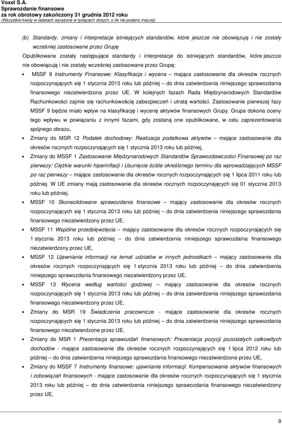 rozpoczynających się 1 stycznia 2015 roku lub później do dnia zatwierdzenia niniejszego sprawozdania finansowego niezatwierdzona przez UE.