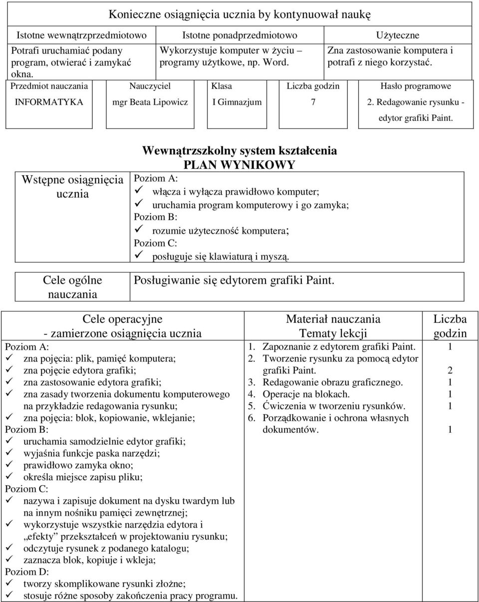 zna pojęcia: plik, pamięć komputera; zna pojęcie edytora grafiki; zna zastosowanie edytora grafiki; zna zasady tworzenia dokumentu komputerowego na przykładzie redagowania rysunku; zna pojęcia: blok,