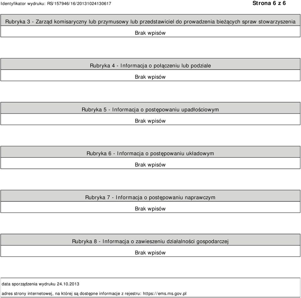 postępowaniu układowym Rubryka 7 - Informacja o postępowaniu naprawczym Rubryka 8 - Informacja o zawieszeniu działalności