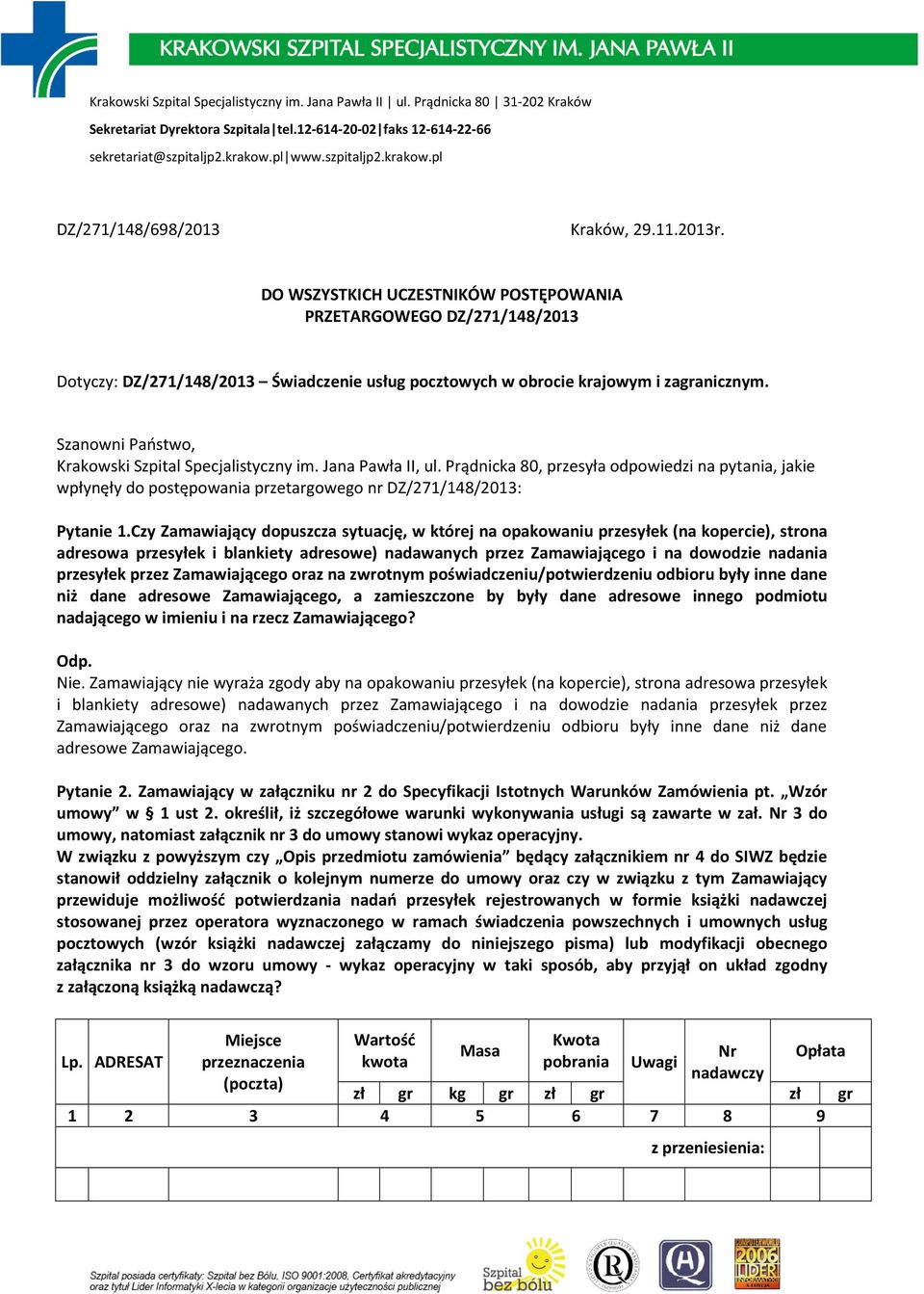 Czy Zamawiający dopuszcza sytuację, w której na opakowaniu przesyłek (na kopercie), strona adresowa przesyłek i blankiety adresowe) nadawanych przez Zamawiającego i na dowodzie nadania przesyłek